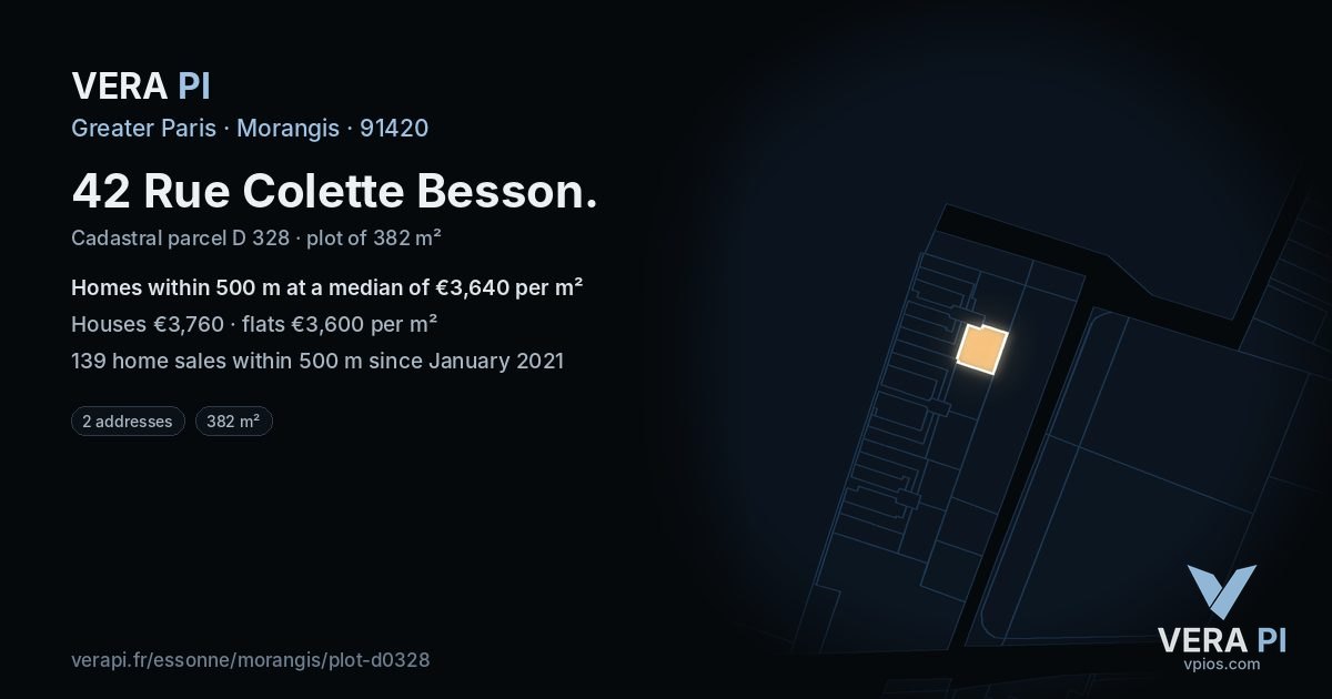 42 Rue Colette Besson, Morangis at night – the plot lit, the parcels around coloured by the prices near them