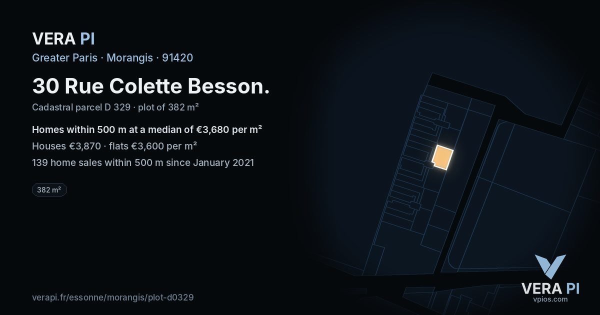 30 Rue Colette Besson, Morangis at night – the plot lit, the parcels around coloured by the prices near them