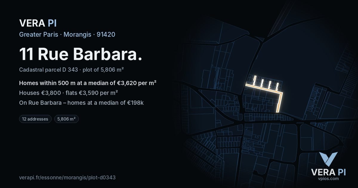 11 Rue Barbara, Morangis at night – the plot lit, the parcels around coloured by the prices near them