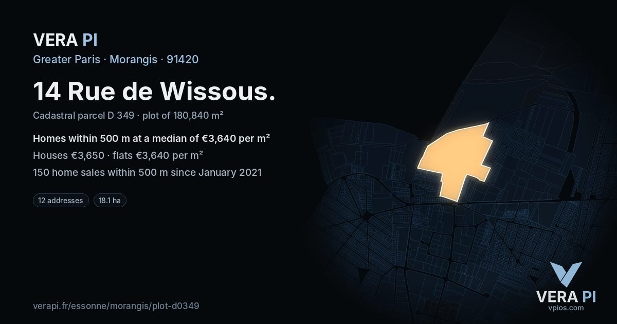 14 Rue de Wissous, Morangis at night – the plot lit, the parcels around coloured by the prices near them
