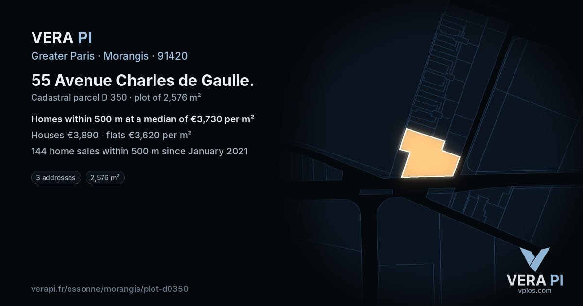 55 Avenue Charles de Gaulle, Morangis at night – the plot lit, the parcels around coloured by the prices near them