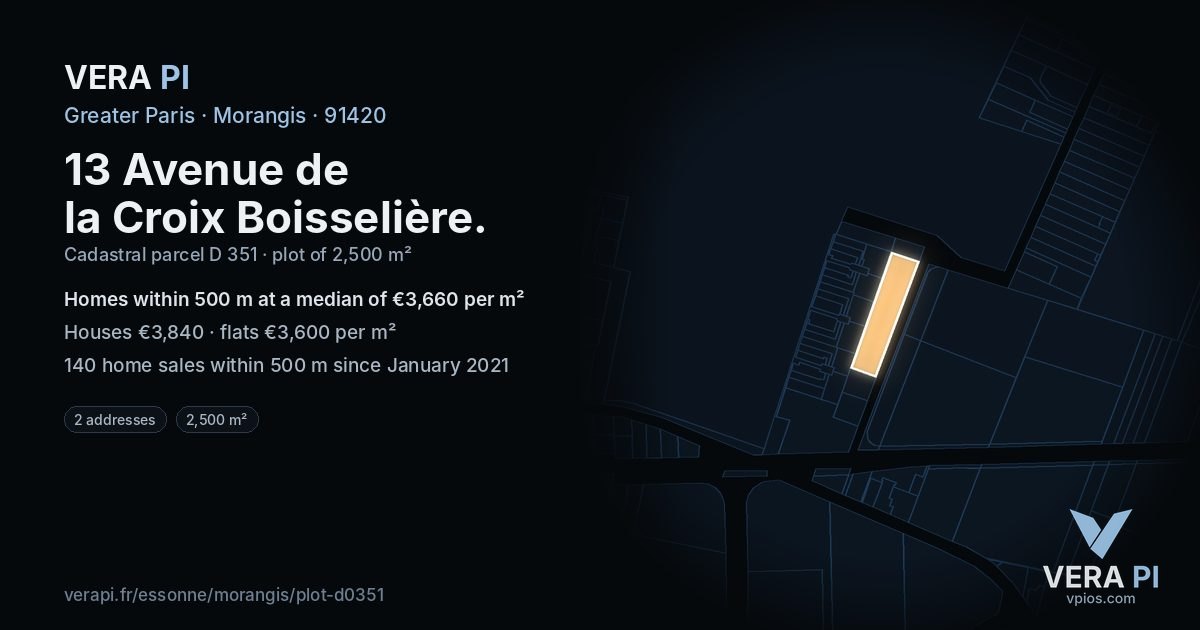 13 Avenue de la Croix Boisselière, Morangis at night – the plot lit, the parcels around coloured by the prices near them