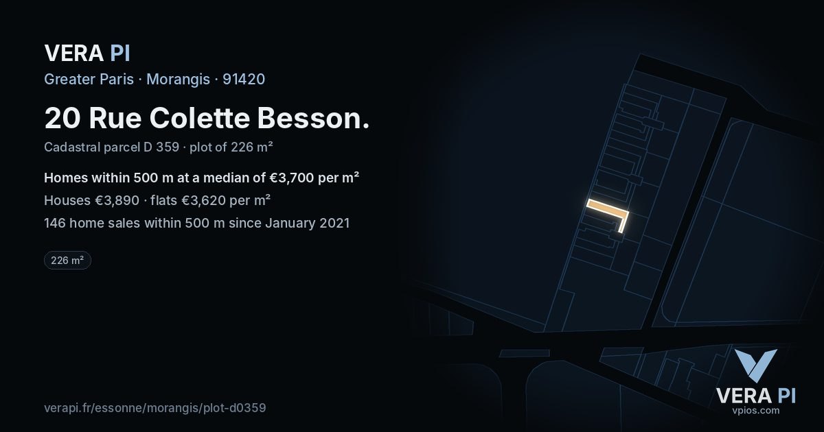20 Rue Colette Besson, Morangis at night – the plot lit, the parcels around coloured by the prices near them