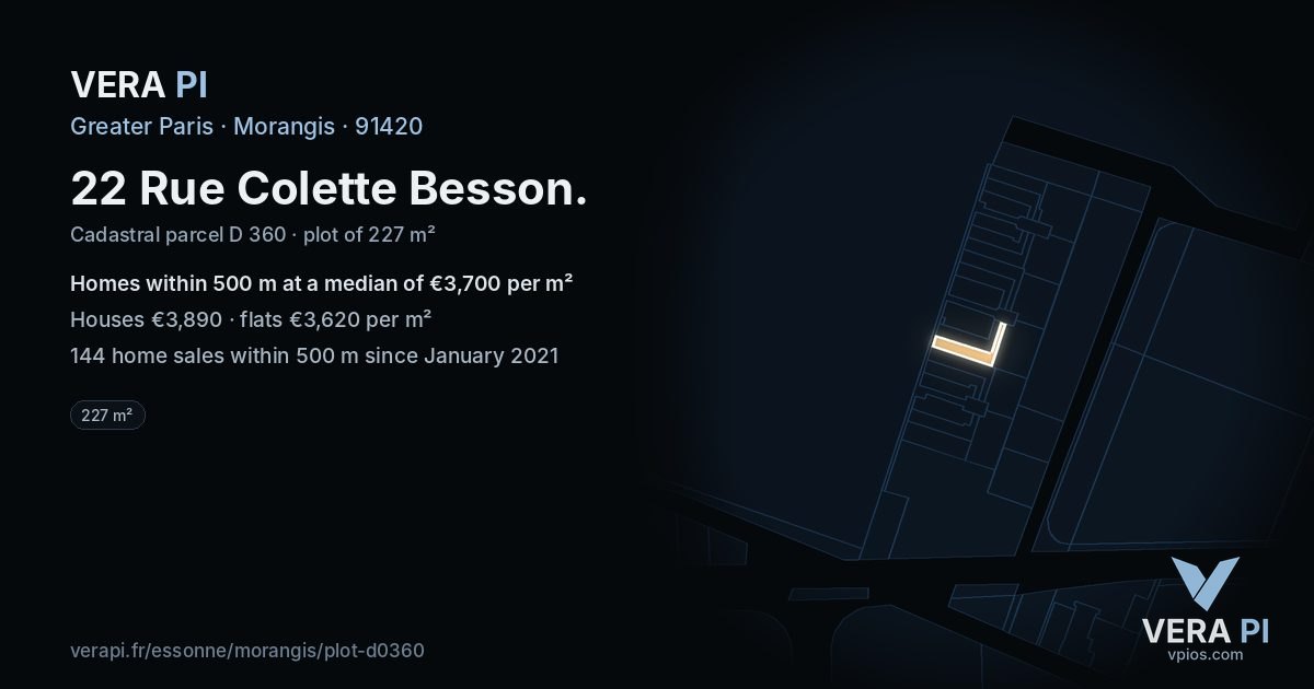 22 Rue Colette Besson, Morangis at night – the plot lit, the parcels around coloured by the prices near them