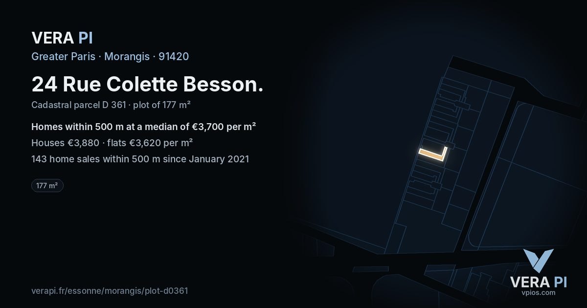 24 Rue Colette Besson, Morangis at night – the plot lit, the parcels around coloured by the prices near them