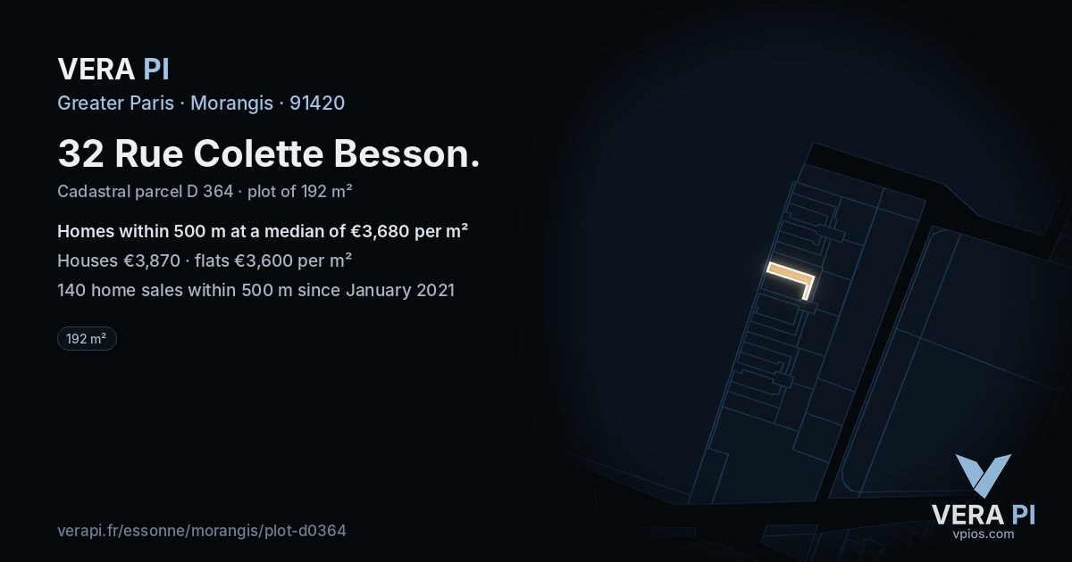 32 Rue Colette Besson, Morangis at night – the plot lit, the parcels around coloured by the prices near them