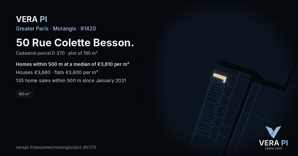 50 Rue Colette Besson, Morangis at night – the plot lit, the parcels around coloured by the prices near them