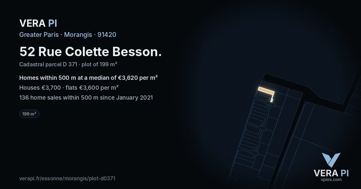52 Rue Colette Besson, Morangis at night – the plot lit, the parcels around coloured by the prices near them