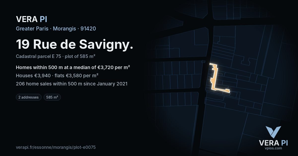 19 Rue de Savigny, Morangis at night – the plot lit, the parcels around coloured by the prices near them