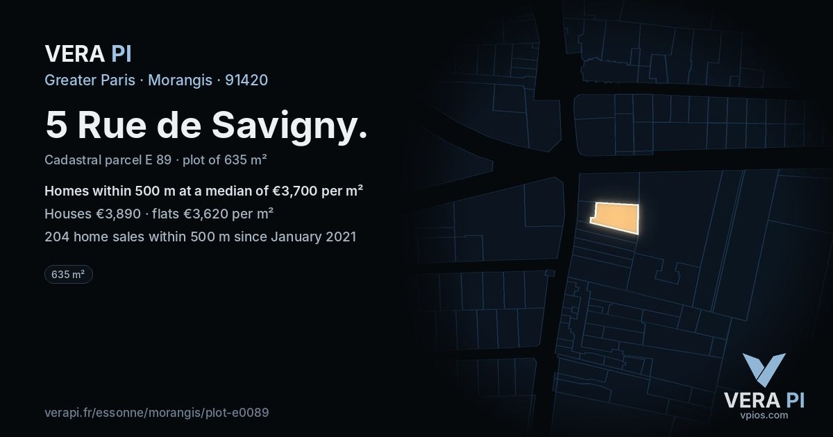 5 Rue de Savigny, Morangis at night – the plot lit, the parcels around coloured by the prices near them