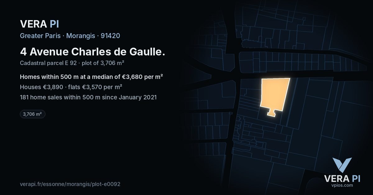 4 Avenue Charles de Gaulle, Morangis at night – the plot lit, the parcels around coloured by the prices near them