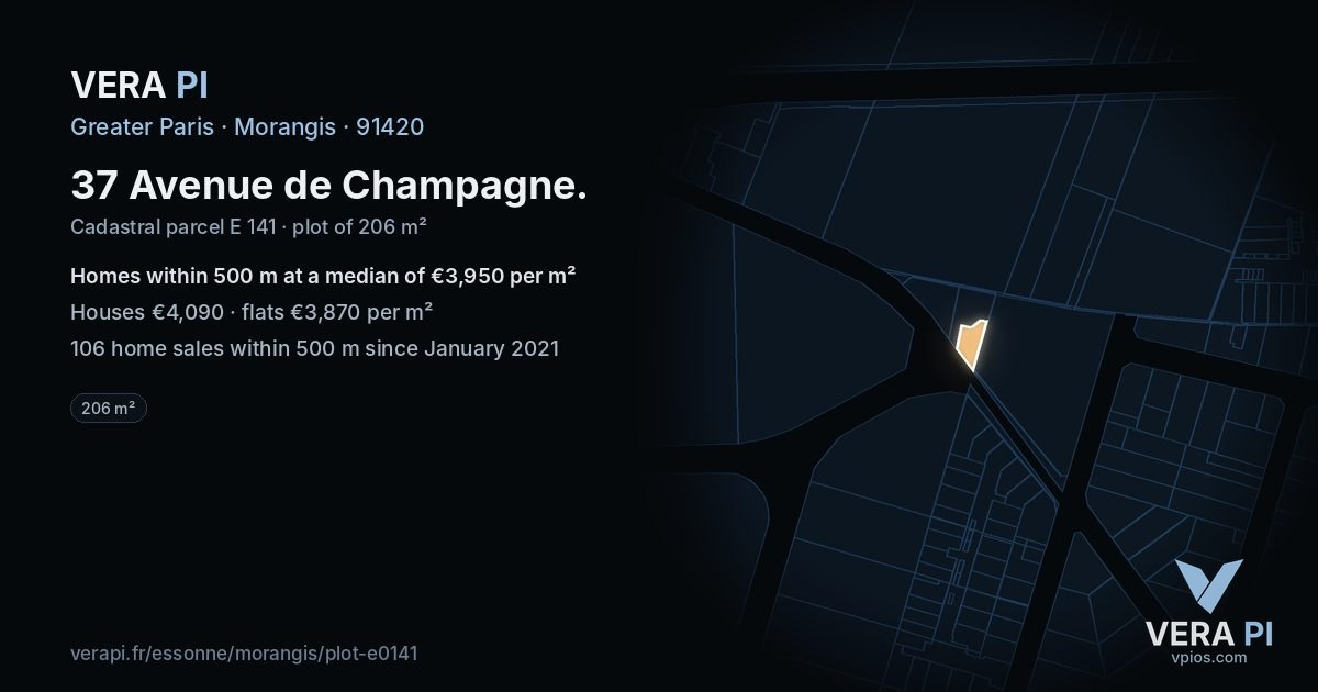 37 Avenue de Champagne, Morangis at night – the plot lit, the parcels around coloured by the prices near them