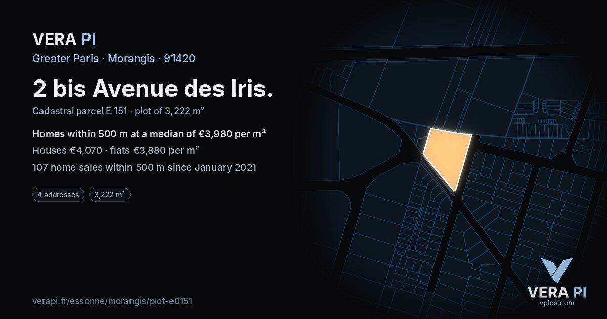 2 bis Avenue des Iris, Morangis at night – the plot lit, the parcels around coloured by the prices near them