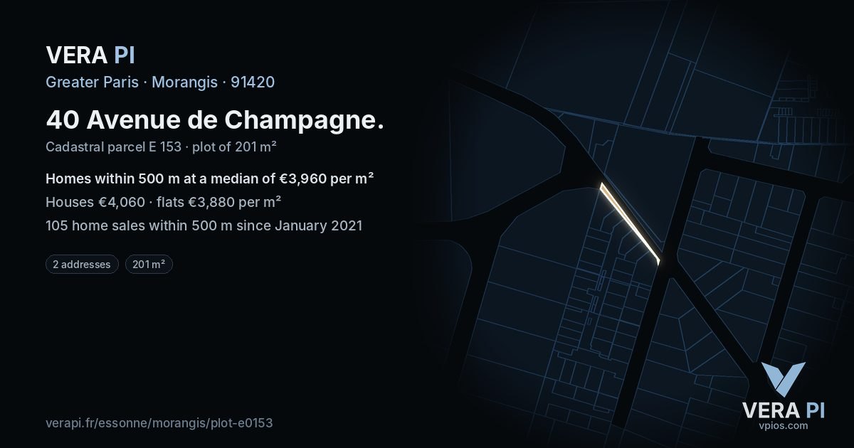 40 Avenue de Champagne, Morangis at night – the plot lit, the parcels around coloured by the prices near them