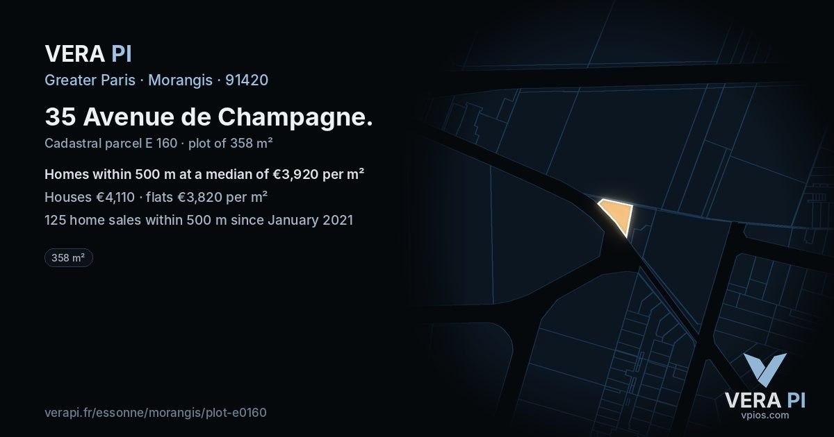 35 Avenue de Champagne, Morangis at night – the plot lit, the parcels around coloured by the prices near them