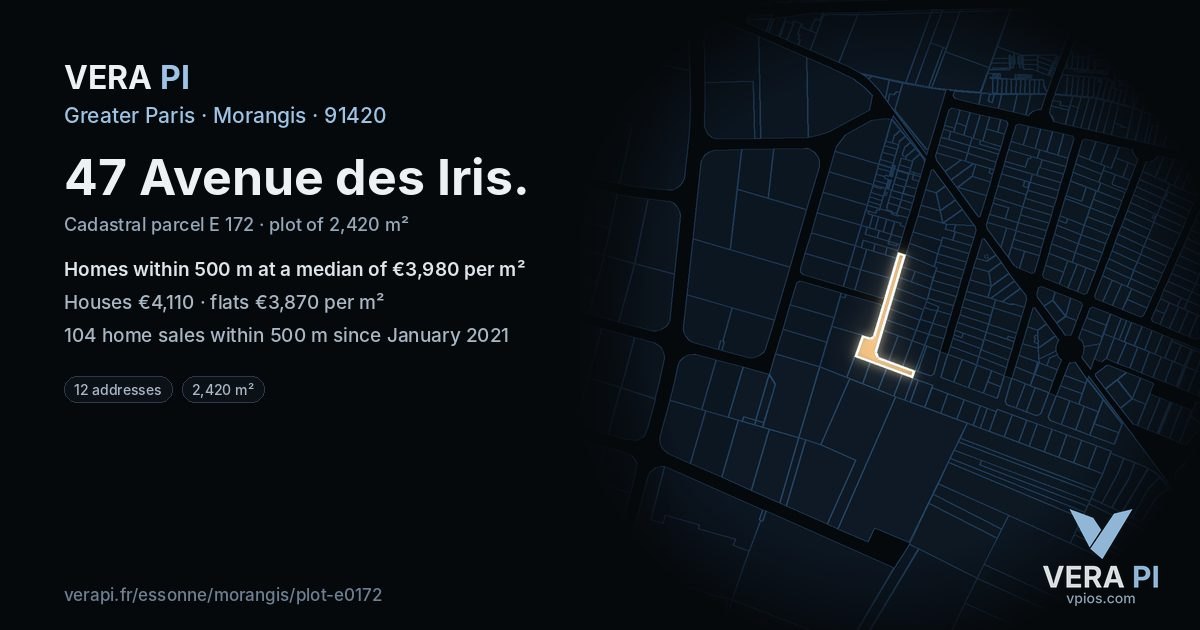 47 Avenue des Iris, Morangis at night – the plot lit, the parcels around coloured by the prices near them