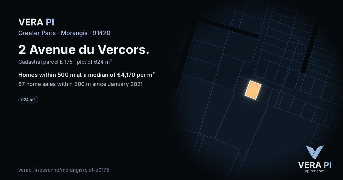 2 Avenue du Vercors, Morangis at night – the plot lit, the parcels around coloured by the prices near them
