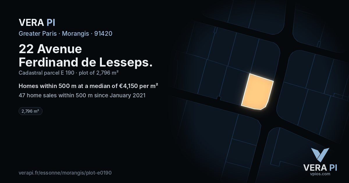 22 Avenue Ferdinand de Lesseps, Morangis at night – the plot lit, the parcels around coloured by the prices near them