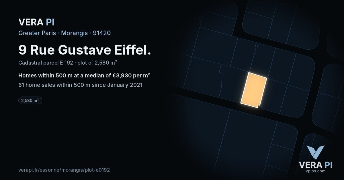 9 Rue Gustave Eiffel, Morangis at night – the plot lit, the parcels around coloured by the prices near them