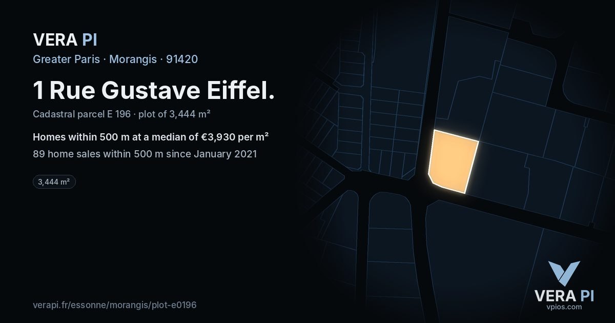 1 Rue Gustave Eiffel, Morangis at night – the plot lit, the parcels around coloured by the prices near them