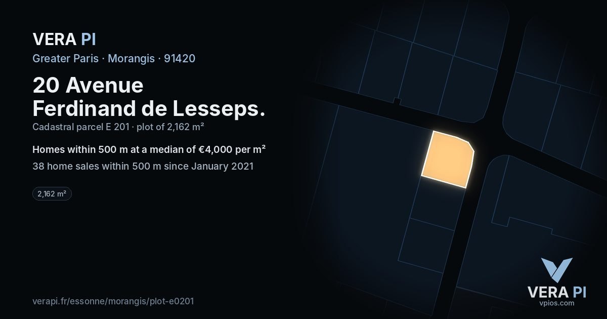 20 Avenue Ferdinand de Lesseps, Morangis at night – the plot lit, the parcels around coloured by the prices near them