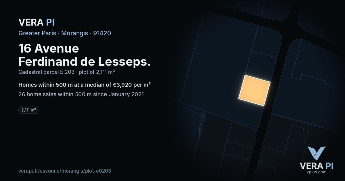 16 Avenue Ferdinand de Lesseps, Morangis at night – the plot lit, the parcels around coloured by the prices near them