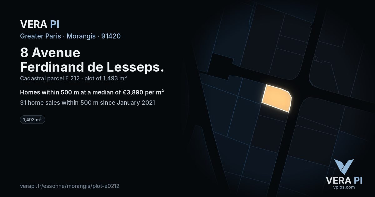 8 Avenue Ferdinand de Lesseps, Morangis at night – the plot lit, the parcels around coloured by the prices near them
