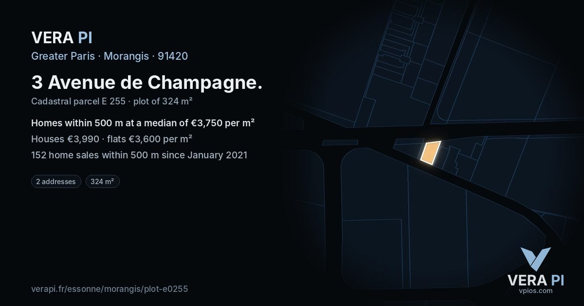 3 Avenue de Champagne, Morangis at night – the plot lit, the parcels around coloured by the prices near them