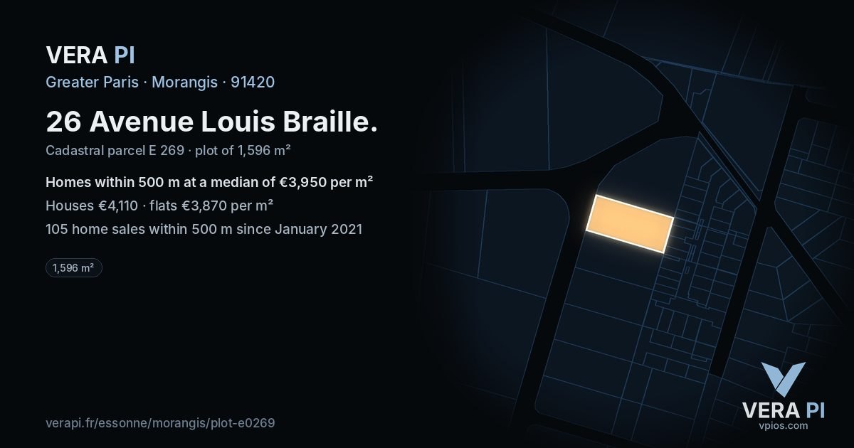 26 Avenue Louis Braille, Morangis at night – the plot lit, the parcels around coloured by the prices near them