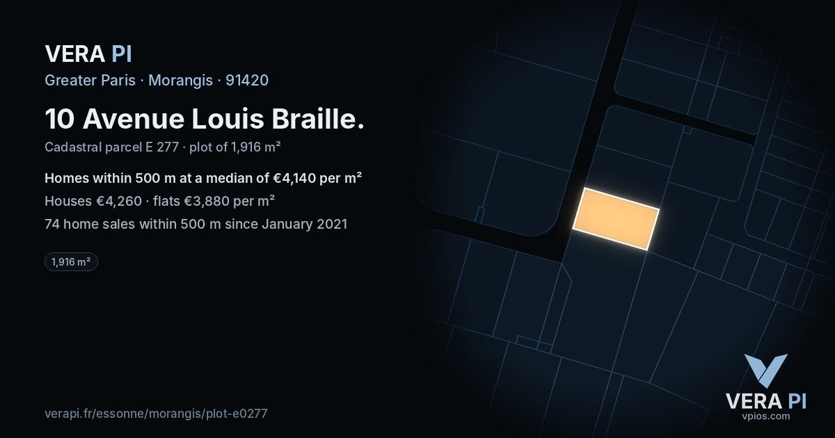10 Avenue Louis Braille, Morangis at night – the plot lit, the parcels around coloured by the prices near them