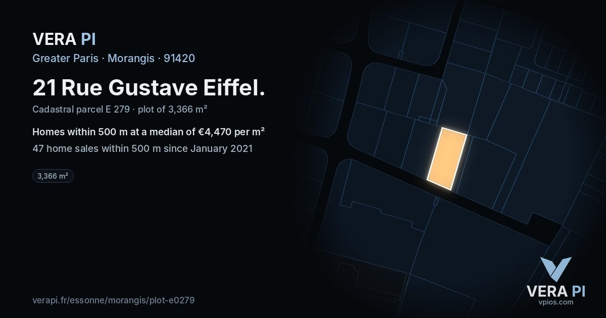 21 Rue Gustave Eiffel, Morangis at night – the plot lit, the parcels around coloured by the prices near them