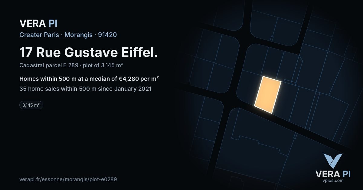 17 Rue Gustave Eiffel, Morangis at night – the plot lit, the parcels around coloured by the prices near them