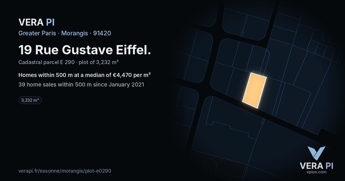 19 Rue Gustave Eiffel, Morangis at night – the plot lit, the parcels around coloured by the prices near them