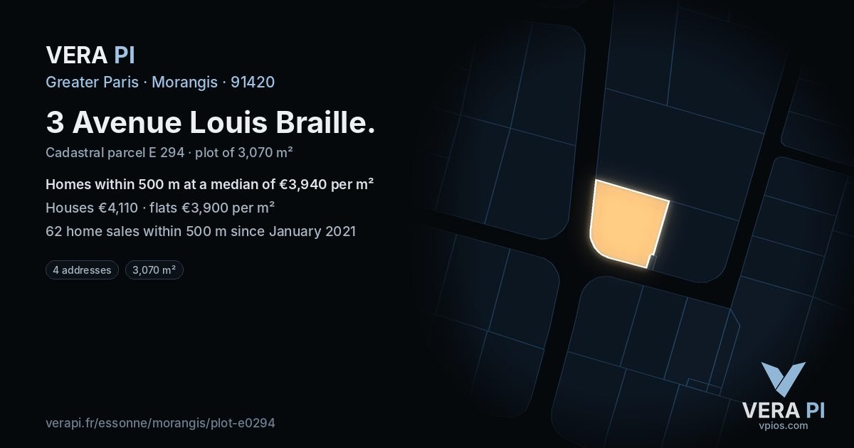3 Avenue Louis Braille, Morangis at night – the plot lit, the parcels around coloured by the prices near them