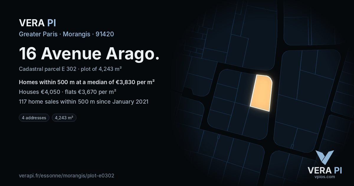 16 Avenue Arago, Morangis at night – the plot lit, the parcels around coloured by the prices near them