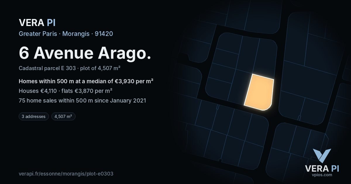 6 Avenue Arago, Morangis at night – the plot lit, the parcels around coloured by the prices near them