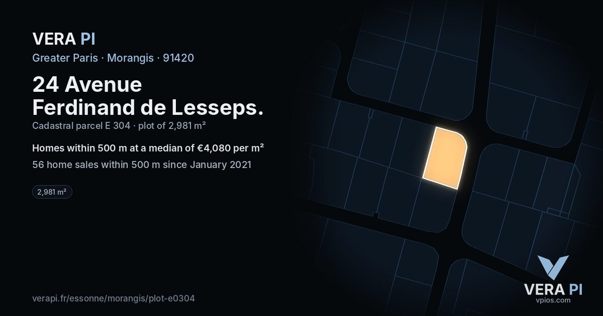 24 Avenue Ferdinand de Lesseps, Morangis at night – the plot lit, the parcels around coloured by the prices near them