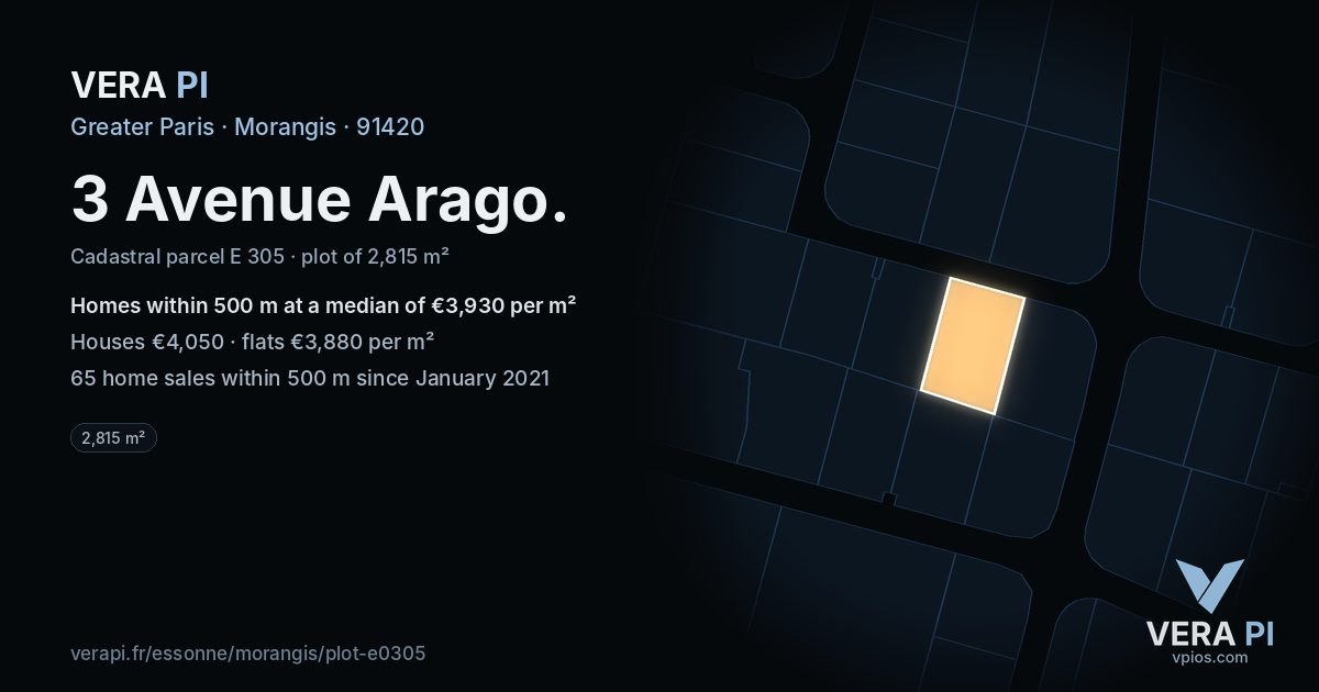 3 Avenue Arago, Morangis at night – the plot lit, the parcels around coloured by the prices near them