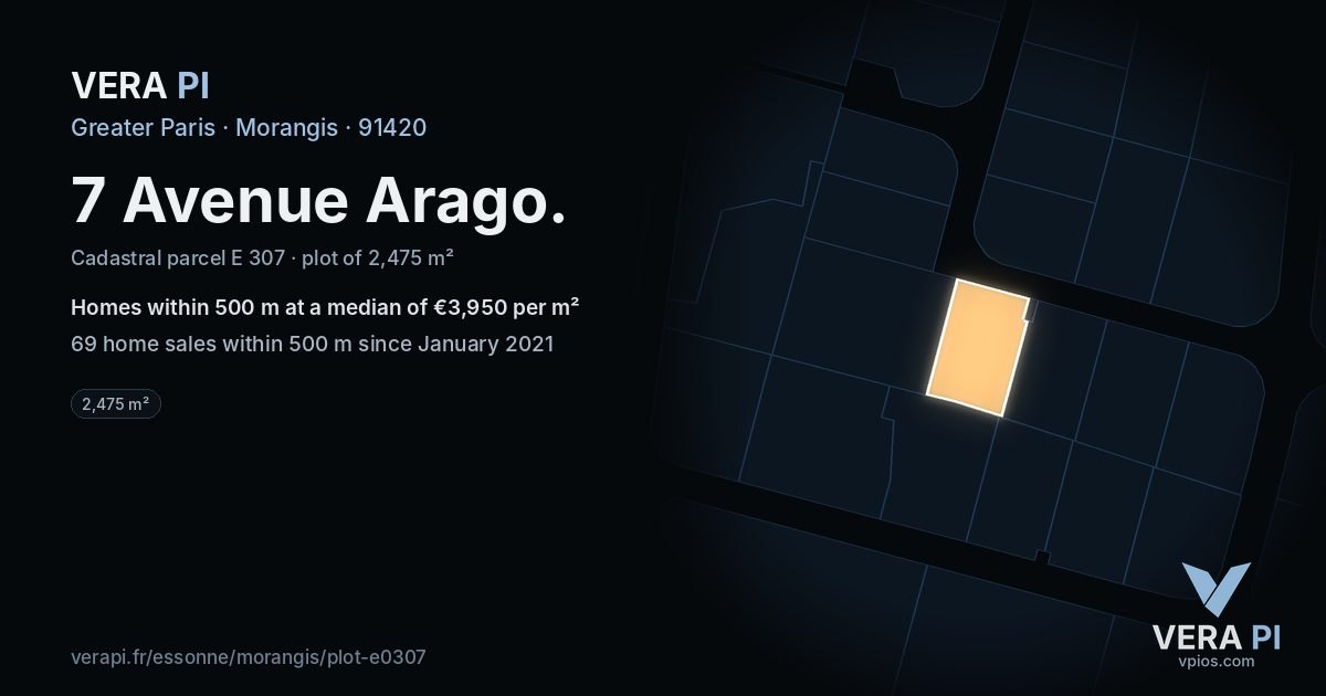 7 Avenue Arago, Morangis at night – the plot lit, the parcels around coloured by the prices near them