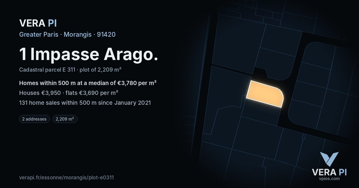 1 Impasse Arago, Morangis at night – the plot lit, the parcels around coloured by the prices near them