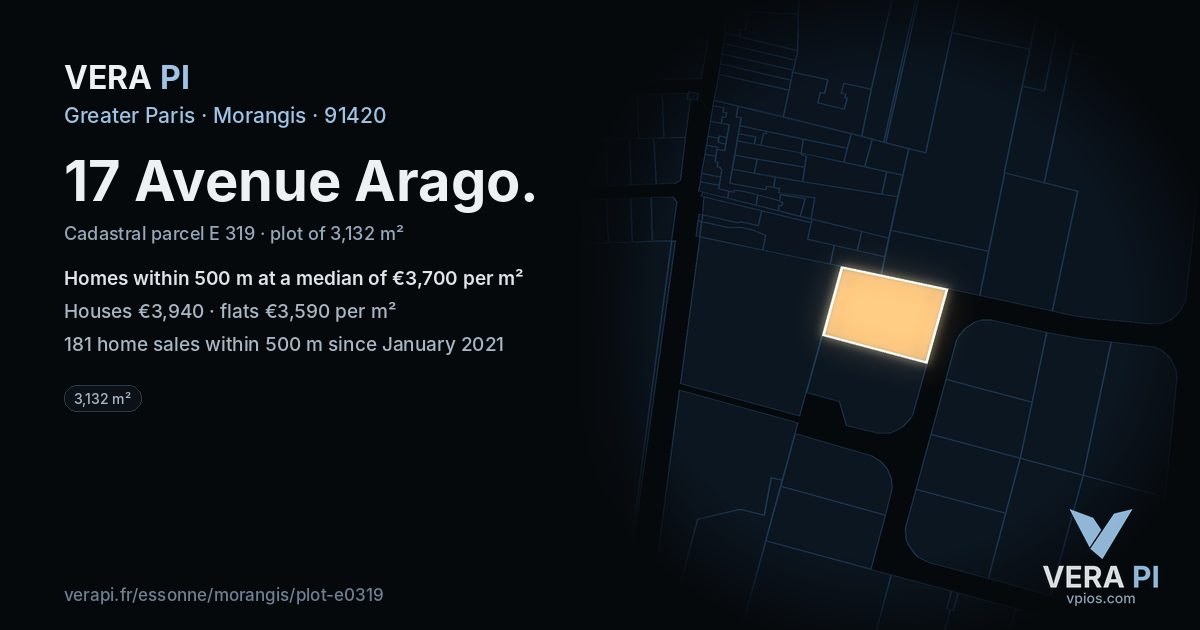 17 Avenue Arago, Morangis at night – the plot lit, the parcels around coloured by the prices near them