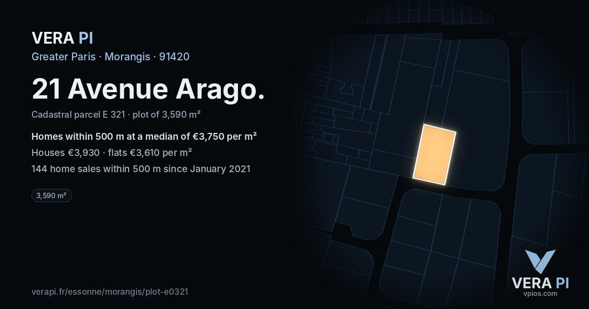 21 Avenue Arago, Morangis at night – the plot lit, the parcels around coloured by the prices near them