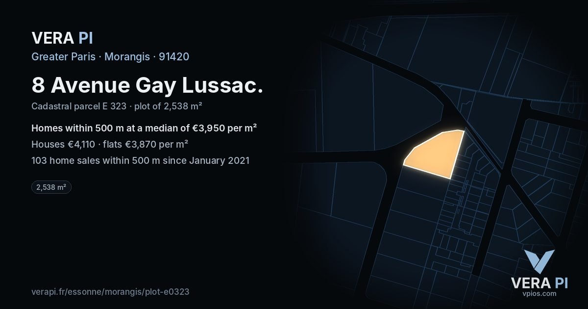 8 Avenue Gay Lussac, Morangis at night – the plot lit, the parcels around coloured by the prices near them