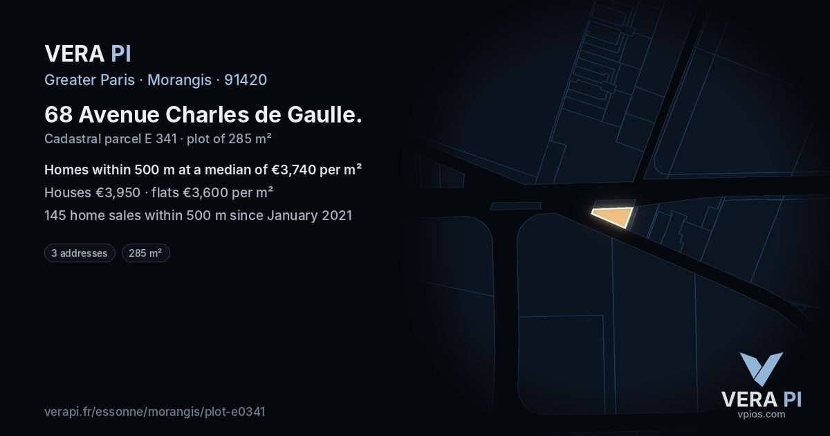 68 Avenue Charles de Gaulle, Morangis at night – the plot lit, the parcels around coloured by the prices near them