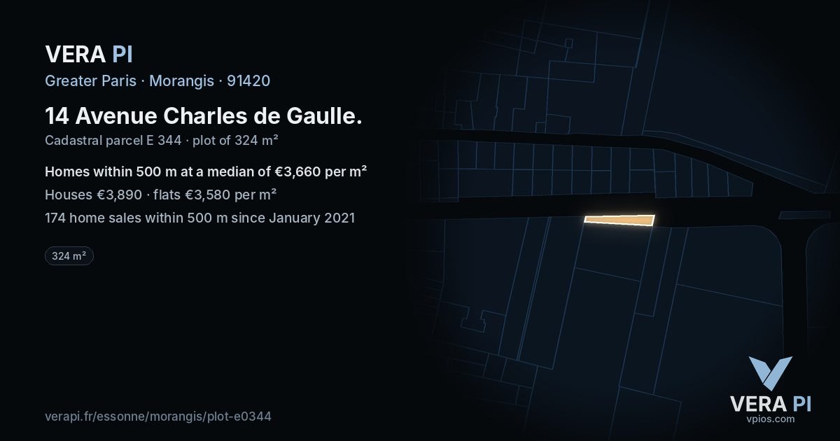 14 Avenue Charles de Gaulle, Morangis at night – the plot lit, the parcels around coloured by the prices near them