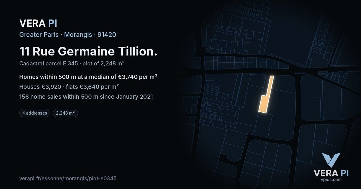 11 Rue Germaine Tillion, Morangis at night – the plot lit, the parcels around coloured by the prices near them