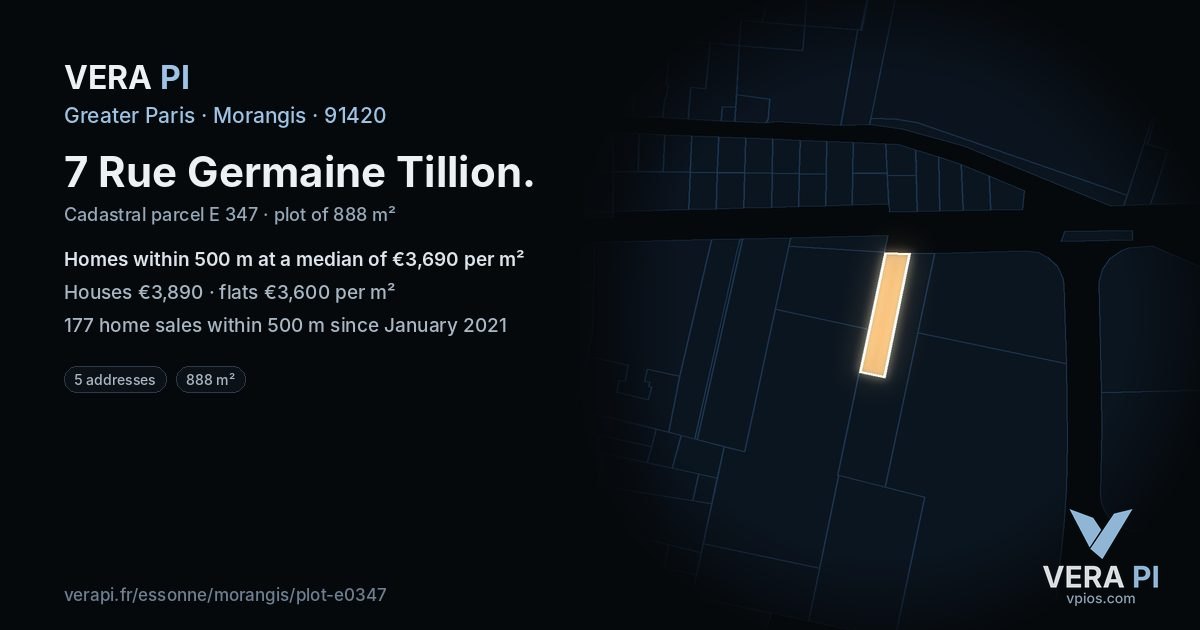 7 Rue Germaine Tillion, Morangis at night – the plot lit, the parcels around coloured by the prices near them