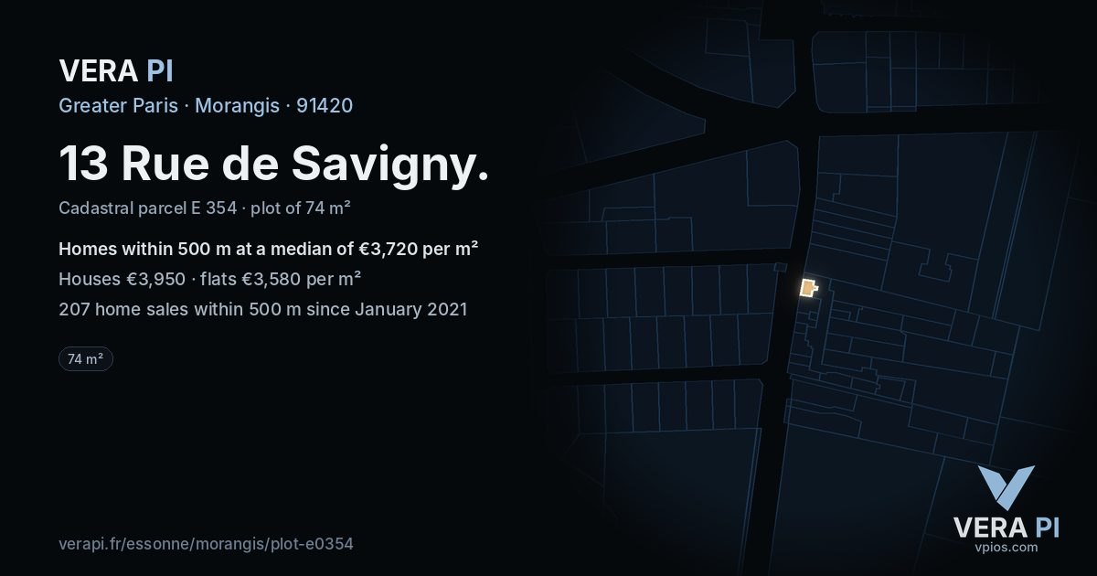 13 Rue de Savigny, Morangis at night – the plot lit, the parcels around coloured by the prices near them