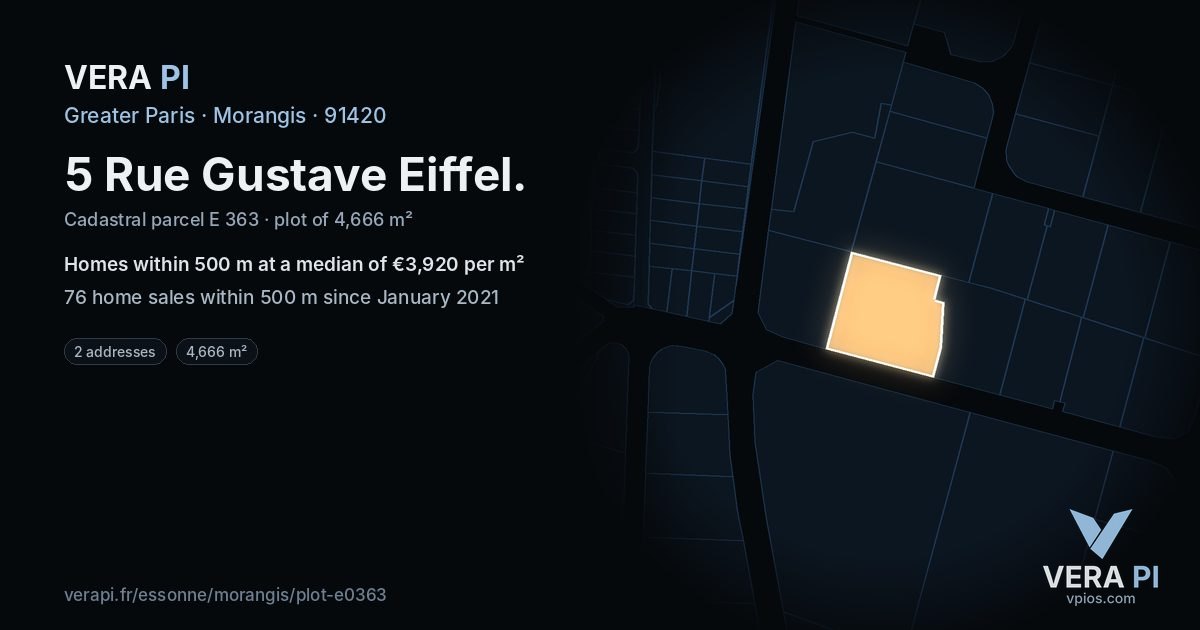 5 Rue Gustave Eiffel, Morangis at night – the plot lit, the parcels around coloured by the prices near them