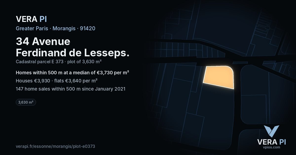 34 Avenue Ferdinand de Lesseps, Morangis at night – the plot lit, the parcels around coloured by the prices near them